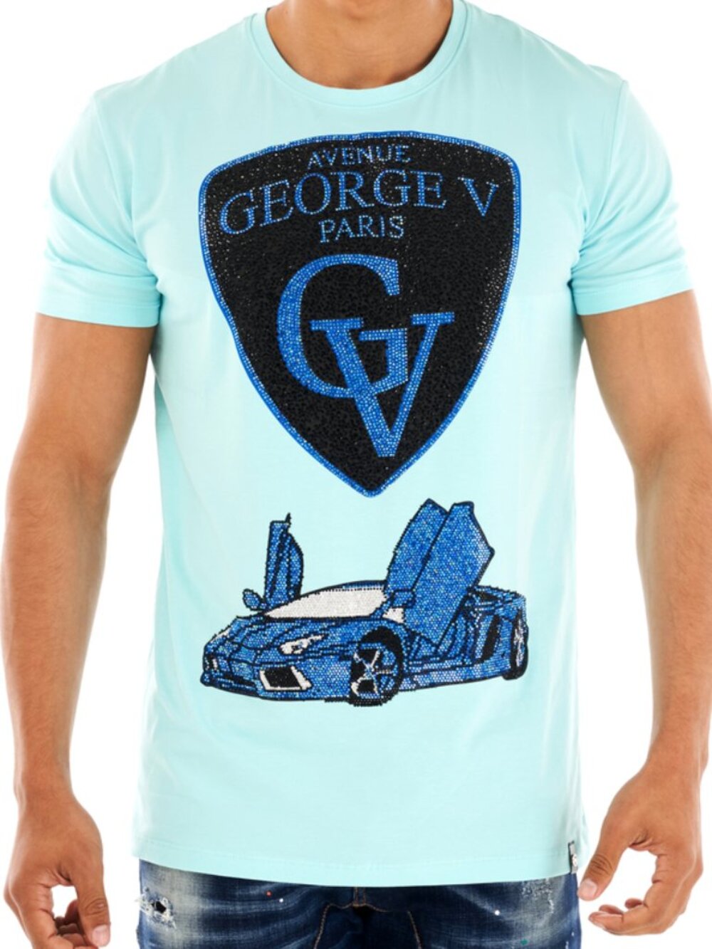 Avenue George V Paris Blue T-Shirt LAMBORGHIN Rhinestone TEE GV-2229 XL